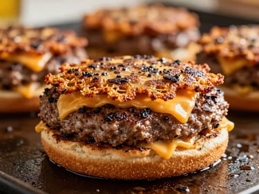 Macro close-up shot of sizzling double-patty smash burgers on a flat-top griddle, crispy lace edges, melted cheese, warm kitchen light