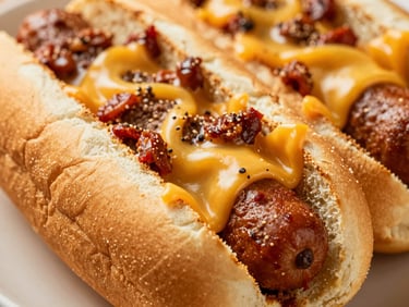 Macro close-up of a chili cheese dog, thick beef frank in a split-top bun smothered in house chili and melted cheddar cheese, warm lighting, vibrant editorial photography