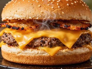 Macro extreme close-up of a double smash burger on a flat-top griddle, melting yellow American cheese, crispy laced edges, warm steam rising, vibrant editorial food photography, 35mm lens