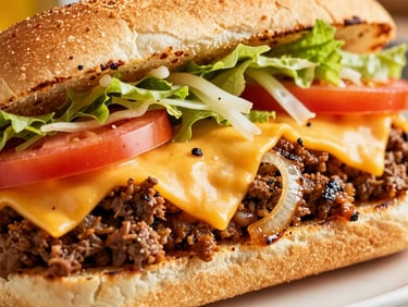 Macro close-up of a premium chopped cheese sandwich on a toasted hero roll, chopped ground beef mixed with melted cheese and grilled onions, shredded lettuce, tomato, vibrant editorial food photography
