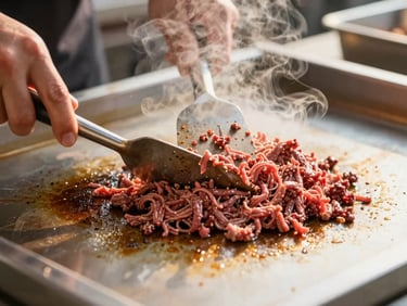 Close-up of seasoned ground beef being chopped on a stainless steel griddle with metal spatulas, steam rising, professional execution