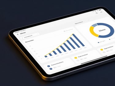 Macro shot of clean analytics dashboard displaying conversion rates on a modern tablet, moody dark navy studio lighting, golden yellow accents, sharp focus, 35mm