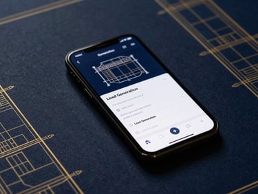 Sharp flat-lay of modern architectural blueprints beside a smartphone displaying a lead generation form, deep shadows, navy accents, 35mm