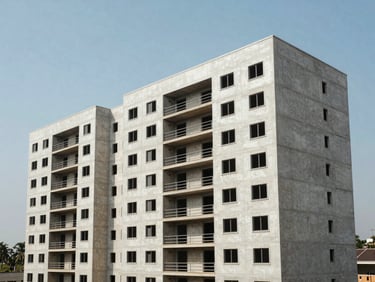 Wide daylight exterior of a completed multi-storey residential apartment block in Accra, clean concrete facade, clear sky, no people