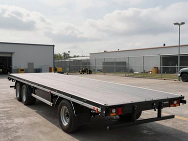 Wide shot of a flatbed trailer staged in a staging yard, deck surface clean and unloaded, tie-down rails visible along the sides, overcast daylight, industrial background with chain-link fencing
