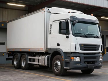 Medium shot of a day-cab truck parked nose-forward at a loading dock under warehouse fluorescent light, cab doors closed, tires in focus, concrete floor visible, no driver
