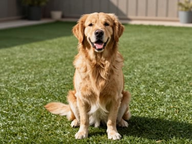 A happy golden retriever sitting on a clean, lush artificial turf lawn in a sunny backyard, warm lighting
