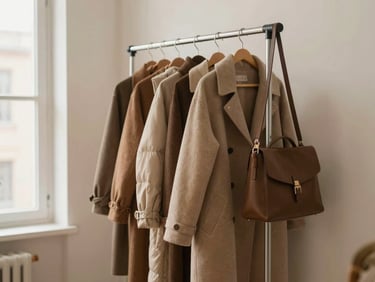 A medium environmental shot of a WATIOWL garment rack styled beautifully in a minimal apartment hallway, holding heavy winter coats and structured bags.