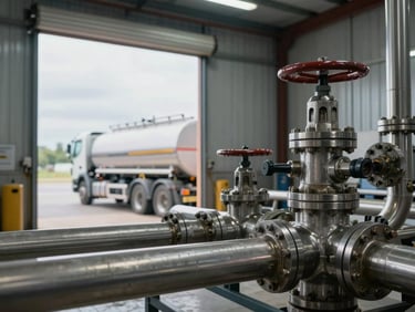 Close-up environmental shot inside a fuel depot, stainless steel transfer pipes and valve manifolds in sharp focus in the foreground, a tanker truck partially visible in the background through a corrugated metal bay door, overcast daylight filtering in, no people, operational scale implied by the density of infrastructure