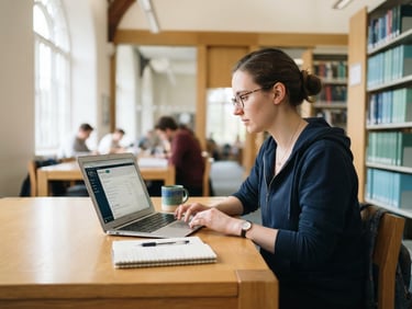 A bright university library interior with a researcher looking at a laptop showing OJS submission portal, clean daylight, soft blue and green tones, 50mm lens