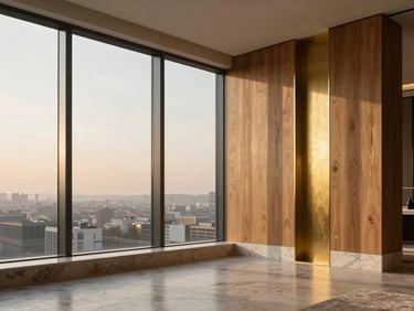 Warm minimalist interior of a luxury penthouse, floor-to-ceiling windows, oiled walnut panels, brushed brass accents
