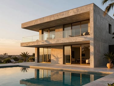 Modern luxury concrete villa with cantilevered terraces at golden hour, pool reflecting warm twilight sky, palm shadows