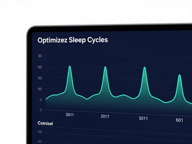 Close-up of a data visualization screen showing optimized sleep cycles and cognitive output metrics, clean and futuristic, sharp studio lighting.