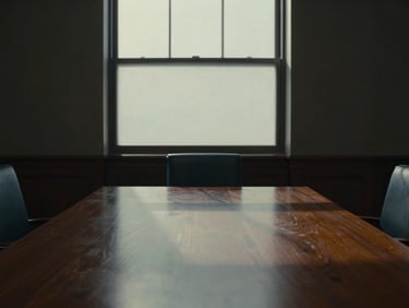Cinematic low-key shot of a clean, empty federal boardroom in Washington, D.C., dramatic window light, rich shadows on dark mahogany wood, 35mm