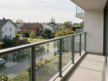 Modern apartment balcony overlooking a quiet green neighborhood, natural morning light, clean glass railing, real perspective.