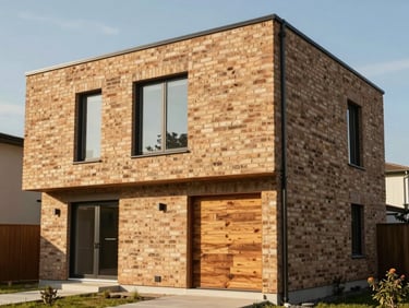 Modern house facade showing natural brick and wood textures under realistic bright afternoon sunlight.