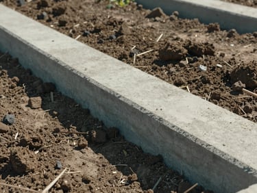 Close-up of clean architectural concrete foundation and soil plot under bright natural daylight, showing precise borders.