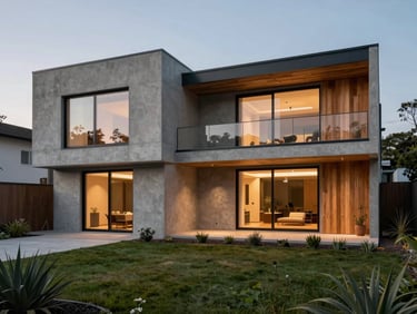 Spacious modern house facade with concrete walls and warm wood accents, twilight lighting, minimalist garden.