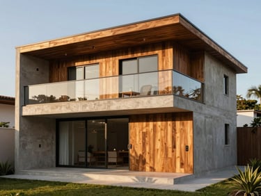 Fachada de casa contemporânea de dois andares com acabamento em madeira e concreto, luz natural do fim de tarde
