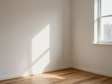 Realistic interior corner of an apartment with natural window light casting soft shadows on clean walls and wooden floor.