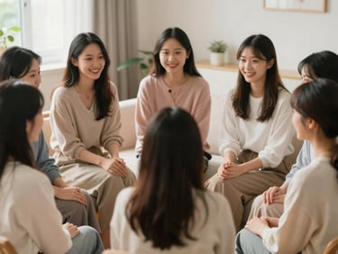 A group of women sitting in a circle in a cozy, sunlit room, smiling and sharing experiences, supportive community atmosphere.