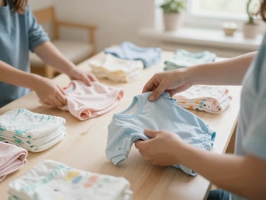 Hands of a volunteer organizing colorful baby clothes and diapers inside a warm community hall, soft natural light.