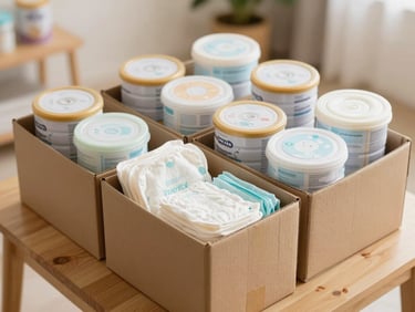 Stacked cardboard boxes filled with baby formula, diapers, and hygiene kits, neatly organized on a clean wooden table.