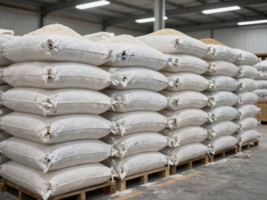 Crisp, detailed shot of stacked high-quality flour sacks and rice grains inside a clean, modern, well-lit regional warehouse in Cuba, showing technical organization.
