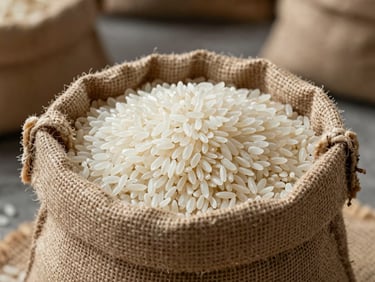 Crisp, centered shot of premium long-grain white rice grains inside a rustic burlap sack, clean warehouse background, natural high-contrast lighting.