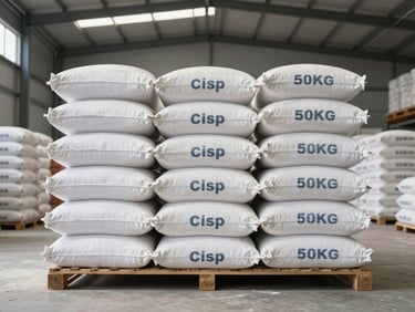 Crisp, centered shot of professional 50kg flour sacks stacked neatly in a clean, modern warehouse under bright daylight, industrial packaging details visible.