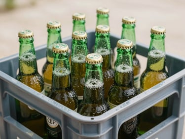 Crisp, centered product shot of green lager beer bottles with cold condensation, organized in a structured plastic crate, bright natural daylight.