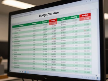 Macro shot of monitor displaying a budget variance table with green and red delta columns, rows of account names and figures, ambient overhead office light, no hands, screen fills frame