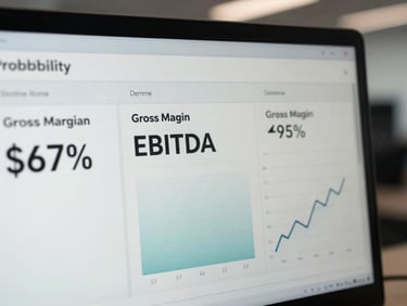 Close-up of a screen showing a profitability dashboard with gross margin percentages, EBITDA tile, and a small trend sparkline, cool flat office lighting, screen content fully in focus