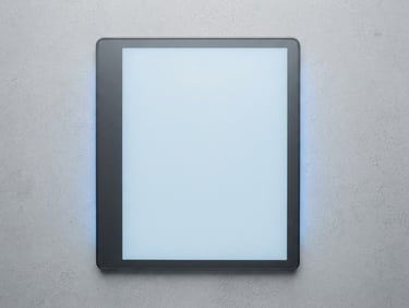 Overhead flatlay of a modern e-reader displaying crisp minimalist typography, cool studio lighting with subtle blue backlighting, sharp focus, 35mm lens