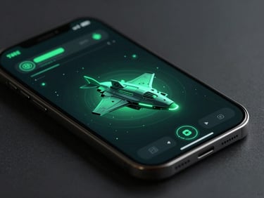 Neon-lit spacecraft game UI on a mobile screen, high-contrast obsidian and green tones, angled perspective