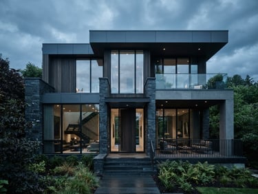 Crisp architectural photography of a modern high-end residential facade under cool overcast daylight, sharp focus, deep slate tones