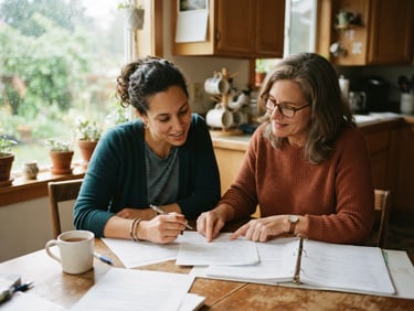 A warm, candid medium shot of a mentor and a mother looking over papers together at a kitchen table, soft natural Pacific Northwest light coming through a window, 35mm.