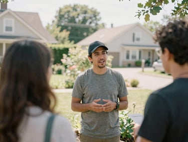 Medium shot of a local community leader speaking with an organizer in a sunlit neighborhood garden, soft natural daylight, warm editorial photography, medium format film aesthetic