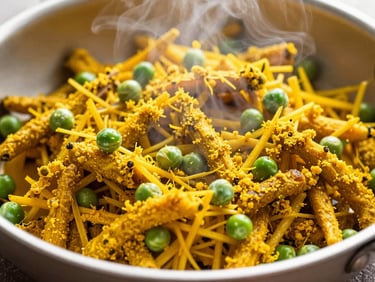 Close-up of Aloo Gobbi stir-fry in a pan, bright yellow turmeric, green peas, steam rising, warm natural light, vibrant saturated colors