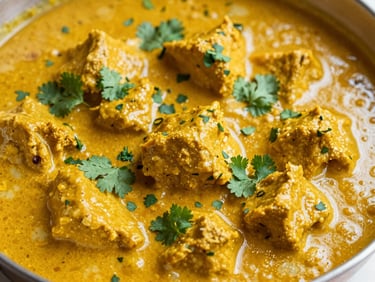Close-up of a vibrant butter chicken curry simmering in a pan, garnished with fresh cilantro, natural kitchen light, shallow depth of field.