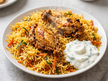 Overhead shot of a steaming plate of chicken biryani with raita, bright natural kitchen light, vibrant saturated colors, shallow depth of field.