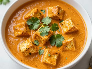 Overhead shot of a bowl of Kid-Friendly Paneer curry, vibrant orange sauce, fresh cilantro garnish, bright natural light, warm editorial food photography