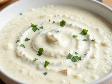 Bowl of Creamy Coconut Korma, white sauce, green herbs, vibrant colors, warm natural daylight, shallow depth of field, 35mm