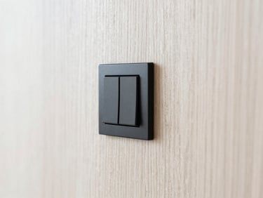 Bright architectural photography, close-up shot of a minimalist matte black light switch on light oak wood paneling, soft natural daylight, 35mm