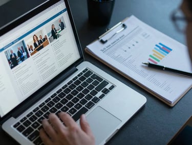 Close-up overhead view of a desk with a laptop open to a campaign performance report, a printed analytics sheet beside it, a hand resting near the keyboard, cool blue-toned office lighting, dark matte desk surface, no people visible above the wrist