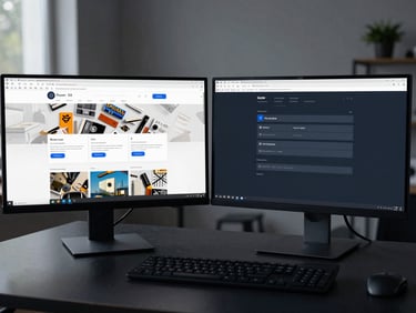 Wide shot of two monitors side by side on a dark desk — left screen shows an old cluttered website wireframe, right screen shows a clean modern dark-themed redesign with clear hierarchy, cool ambient office light, no people