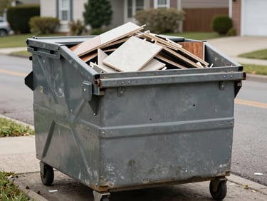 Close-up environmental shot, a compact 10-yard steel dumpster sitting on a residential driveway, partially loaded with tile debris and cabinet scraps, natural overcast daylight, tight framing showing the dumpster's loading lip and worn metal finish