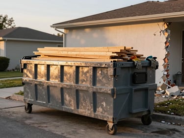 Environmental wide shot, a 20-yard dumpster placed on a suburban property lot beside a partially demolished exterior wall, loaded with framing lumber and concrete chunks, golden-hour side light across the metal surface, work gloves resting on the rim