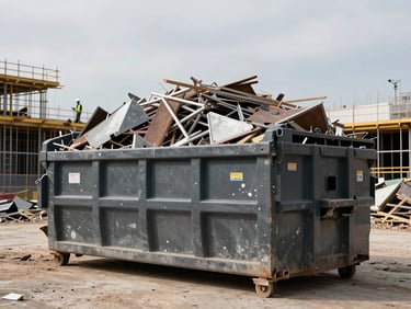 Wide environmental shot, a large 30-yard dumpster positioned on a commercial construction site, loaded high with structural debris and metal scraps, overcast natural light, a hard-hat worker visible at distance beside a framed building structure