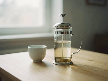 A minimalist glass French press sitting on a clean wooden desk next to a ceramic cup, soft shadows.